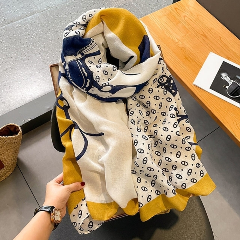 Elegant White and Yellow Saddle Patterned Scarf...